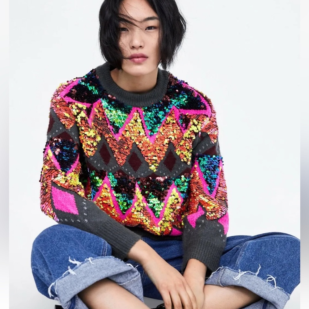 ZARA MULTICOLOR OVERSIZED SEQUIN SWEATER RARE MEDIUM M - Picture 3 of 16